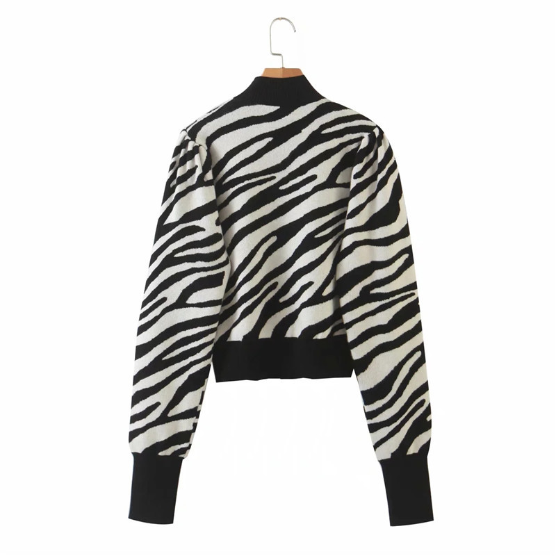 autumn casual zebra print long puff sleeve women knitted pullover chic lady fashion turtleneck animal print sweater women's tops 210218