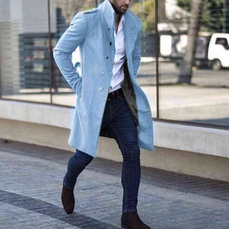 Winter Fashion Single Breasted Men Long Coats Mens Solid Warm Woolen Overcoats Casual Turn-down Collar Long Sleeve Cardigan 211122