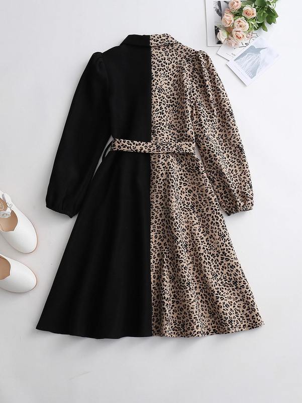 Girls Leopard Spliced Belted Shirt Dress SHE