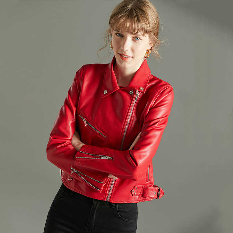 Ly Varey Lin Red Faux Soft Leather Basic Jackets Women Autumn Turndown Collar Rivet Zipper Biker Coat Pu Motorcycle Jacket 210526