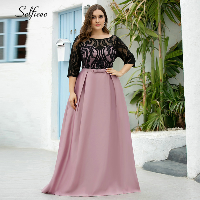 Elegant Dresses A-Line O-Neck Empire Bow Lace Contrast Color Sexy Woman's Dresses Evening Formal Party Gowns Plus Size Robe 210309