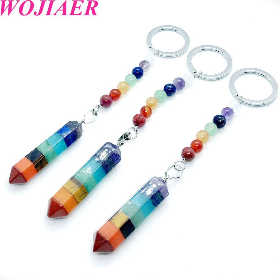 WOJIAER Assorted Natural Stone Keychain Ring Key Chain Pendulum Crystal Car Bag Accessories 7 Chakra Healing Reiki Beads BW912