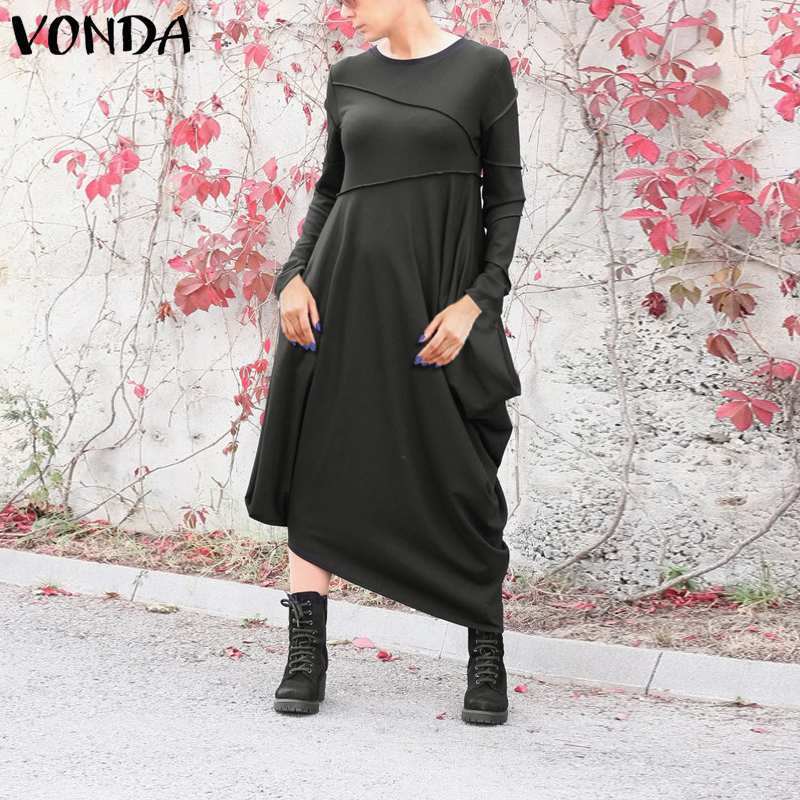 Asymmetrical Maxi Dress Women's Sundress Autumn Winter VONDA Pleated Long Sleeve Vestidos Female Robe Femme Oversized S-5XL 201008