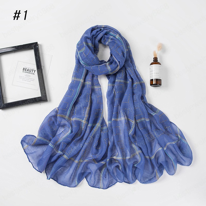 Women Wrinkle Scarf Rhinestone Plaid Muslim Hijab Scarf Turban Head Wrap Solid Color Pleated Scarves