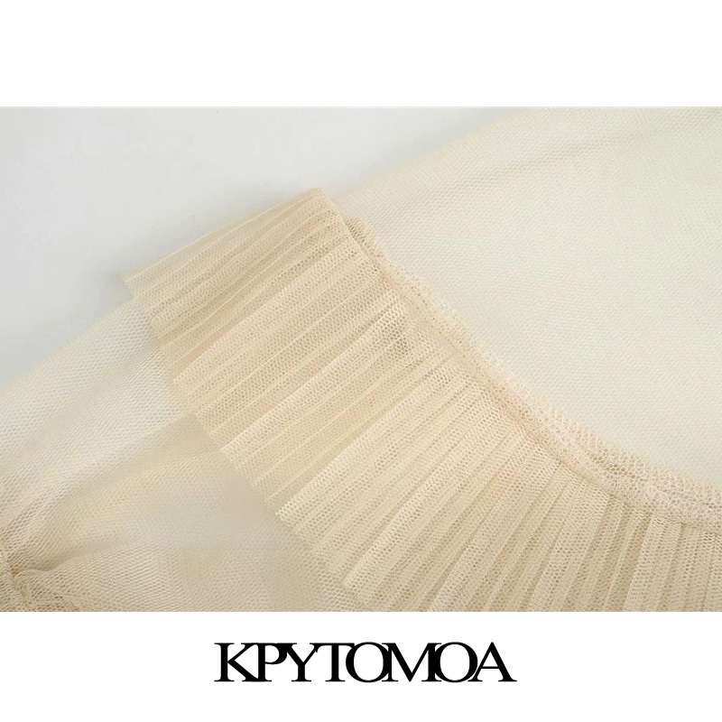 KPYTOMOA Women Fashion Pleated Ruffle Trims Tulle Mini Dress Vintage Long Sleeve With Lining Female Dresses Vestidos Mujer 210303