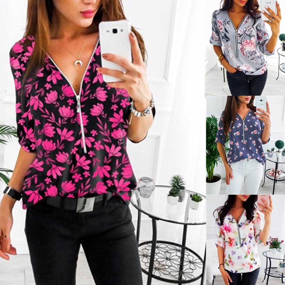 FLEUR WOOD Women Tshirts Summer Autumn Shirt Casual Zipper Slim TShirt Women Printed Top Tee Summer Female T-shirt Women Clothes 210306