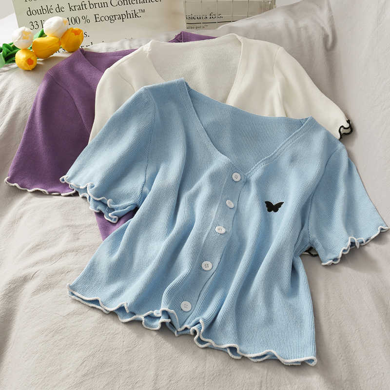 LY VAREY LIN Summer Women V Neck Sexy Cardigan Crop Top Butterfly Embroidery Button Short Sleeve Slim Knitted 210526, White
LY VAREY LIN Summer Women V Neck Sexy Cardigan Crop Top Butterfly Embroidery Button Short Sleeve Slim Knitted 210526, White