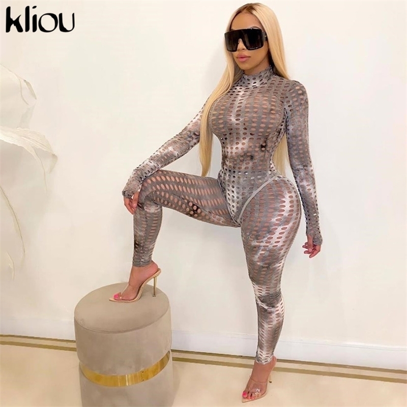 Kliou women skinny hollow out two piece set full sleeve o-neck sexy pants elastic hight streetwear summer outfit 210707