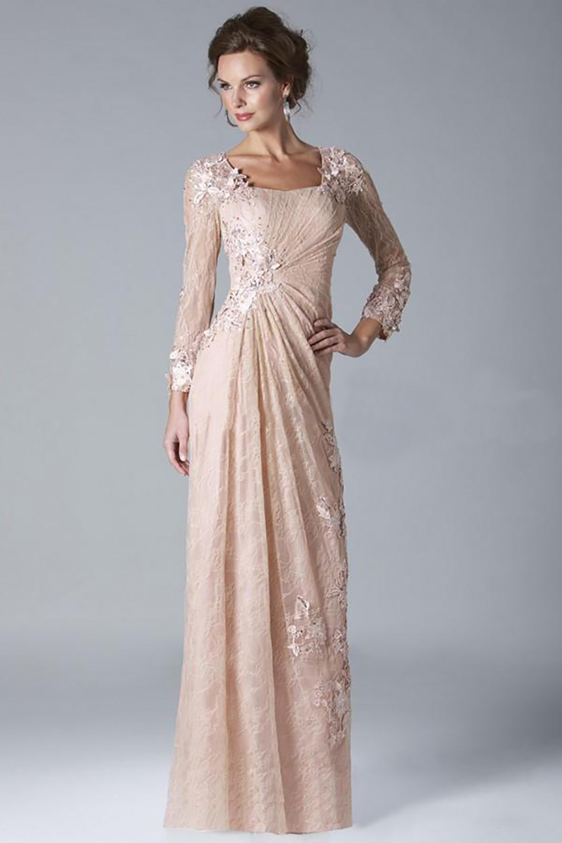 Mother Of The Bride 2021, Hollow Back Formal Gown Evening Dresses With Sheath Lace Appliques, Long Sleeve Ankle-Length