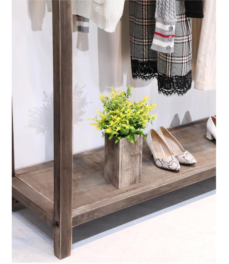 Clothing store wood display rack Commercial Furniture floor type show racks hanging cloth pole women's decoration design shelf shoe stand