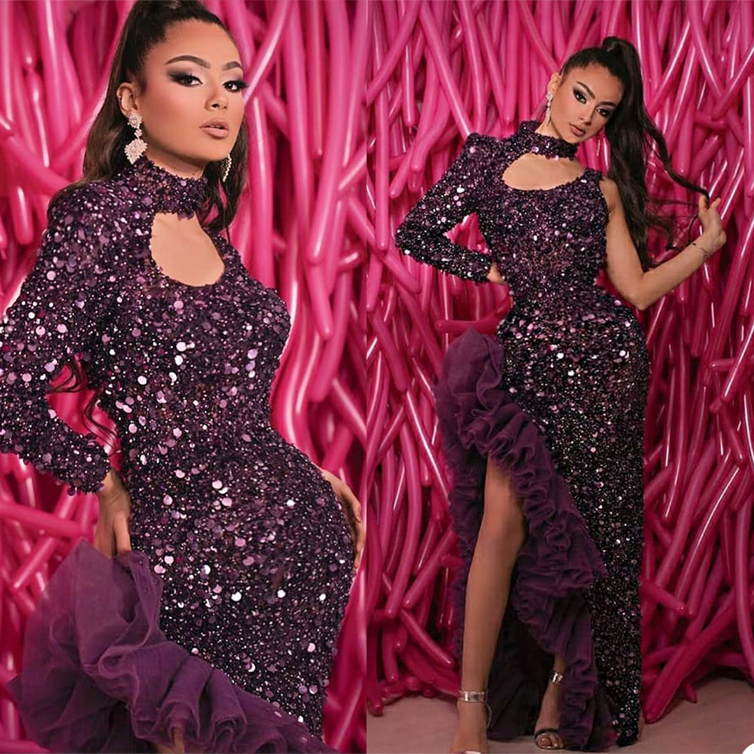 Gitter Prom Dresses Bling Sequin Beads Mermaid Evening Dresses Sexy Side Split Dubai Arabic Ruffles Custom Made Sweep Train Pageant Gown