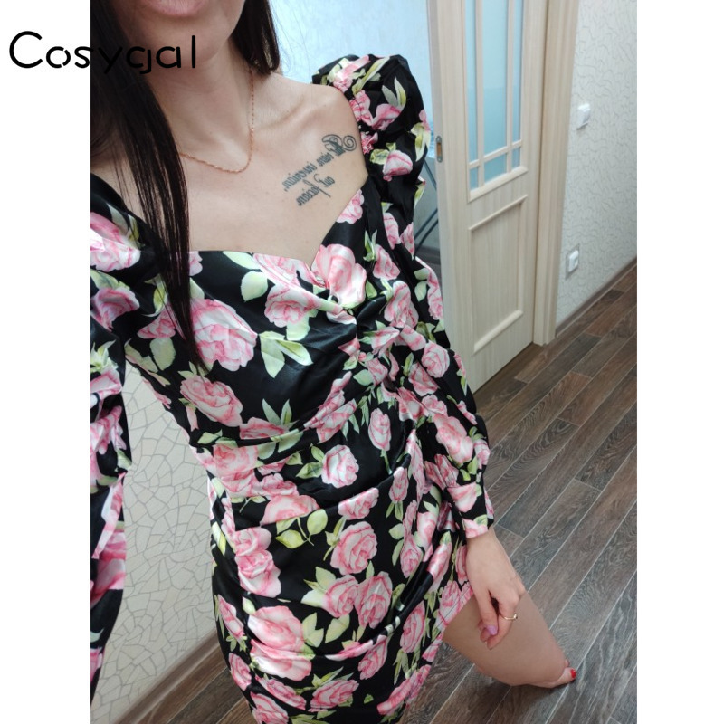 COSYGAL Ruched Autumn Bodycon Floral Printed Satin Dress Women Long Puff Sleeve Milkmaid Party Dress Vintage Winter Sexy Dress 201008