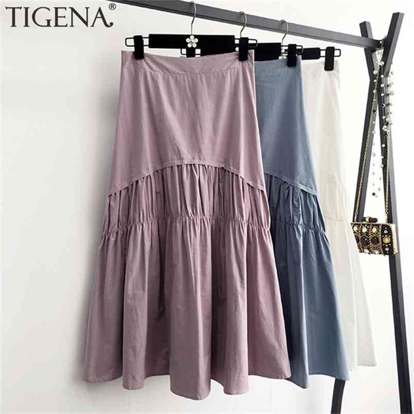 TIGENA Cotton Pleated Skirt Women Fashion Summer Casual Solid A Line High Waist Midi Long Female Black White Purple 210619