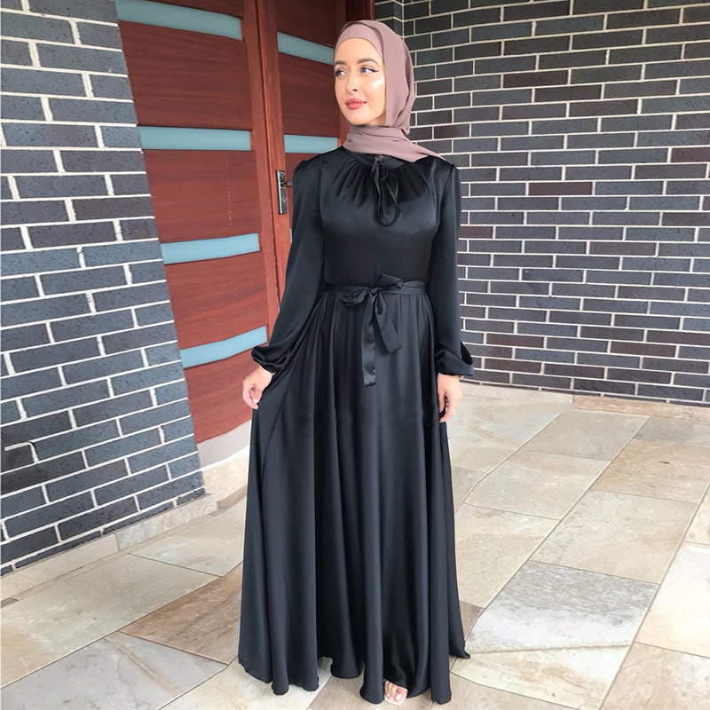 Solid Color Satin Long Dresses for Women Muslim New Fashion Saudi Turkey Robe Arabe Islam Clothing(The logistics price Pls Contact us)