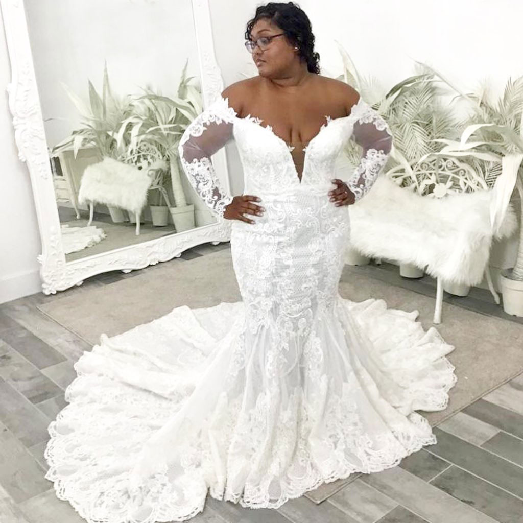Plus Amazing Mermaid Size Lace Wedding Dresses Off The Shoulder Neck Bridal Gowns With Long Sleeves Sweep Train Robe De Marie