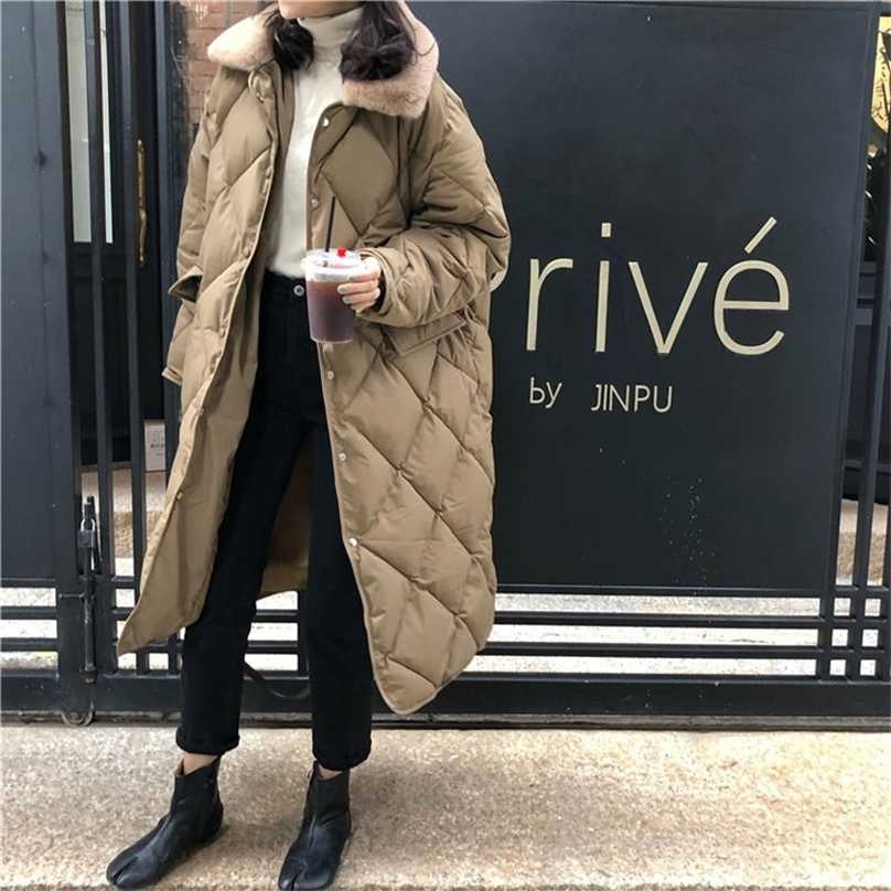 Winter Women Fur Collar Oversize Rhombus Pattern Long Parkas Pocket Female Warm Cotton Overcoat Single Breasted Outwears 211013