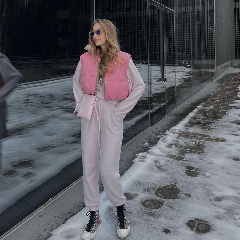 Stylish Sweet Pink Double Wear Drawstring Cropped Vest Coat Women Fashion Stand Collar Zipper Waistcoat 210910
