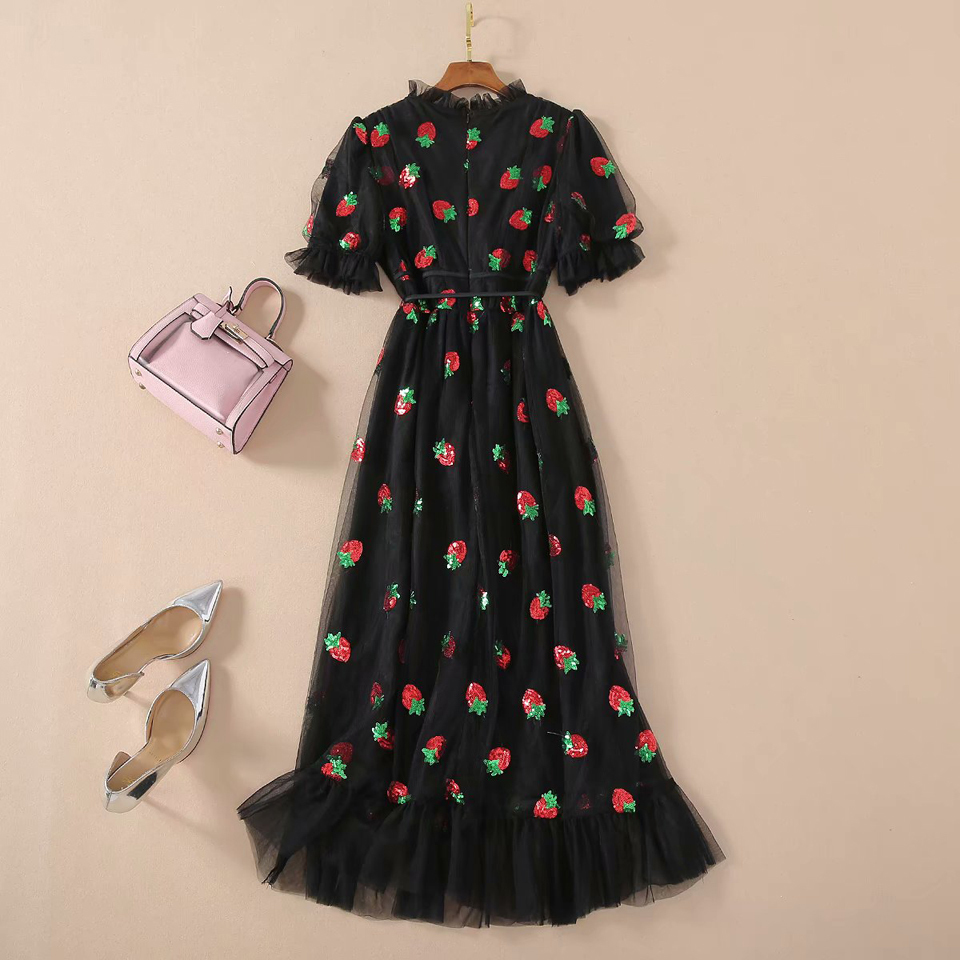 LA.TENDRE Black Strawberry Dress Woman Puff Sleeve Mesh Long Dress Lace Up Strawberries Plus Size Black Dresses Women Party 210303