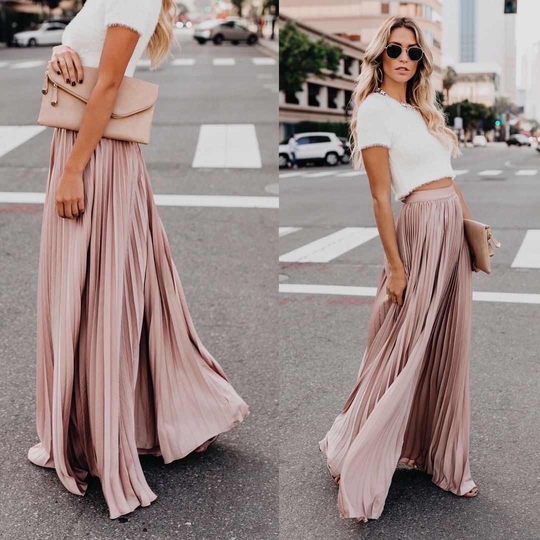 Z-zoux Women Skirt High Waist Pleated Long Skirts Black Pink White Red All Match Vintage Pleated Skirts Women Clothes Summer 210309