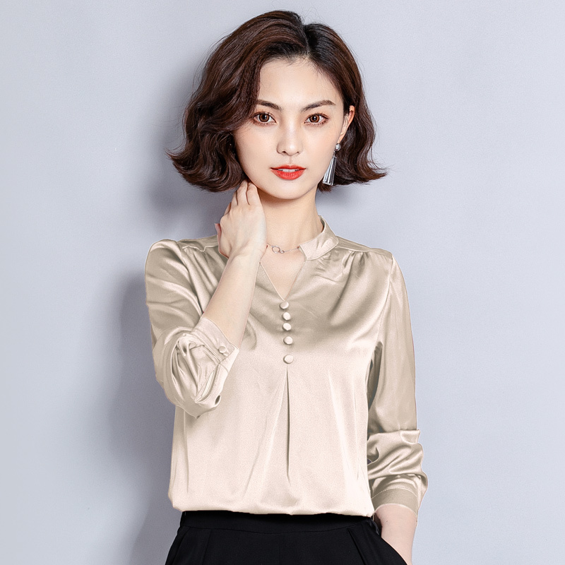 Fashion Autumn Women Silk Shirts Elegant Women Satin Blouse Shirt Woman V Neck OL Shirt Plus Size Womens Tops and Blouses Blouse 210225