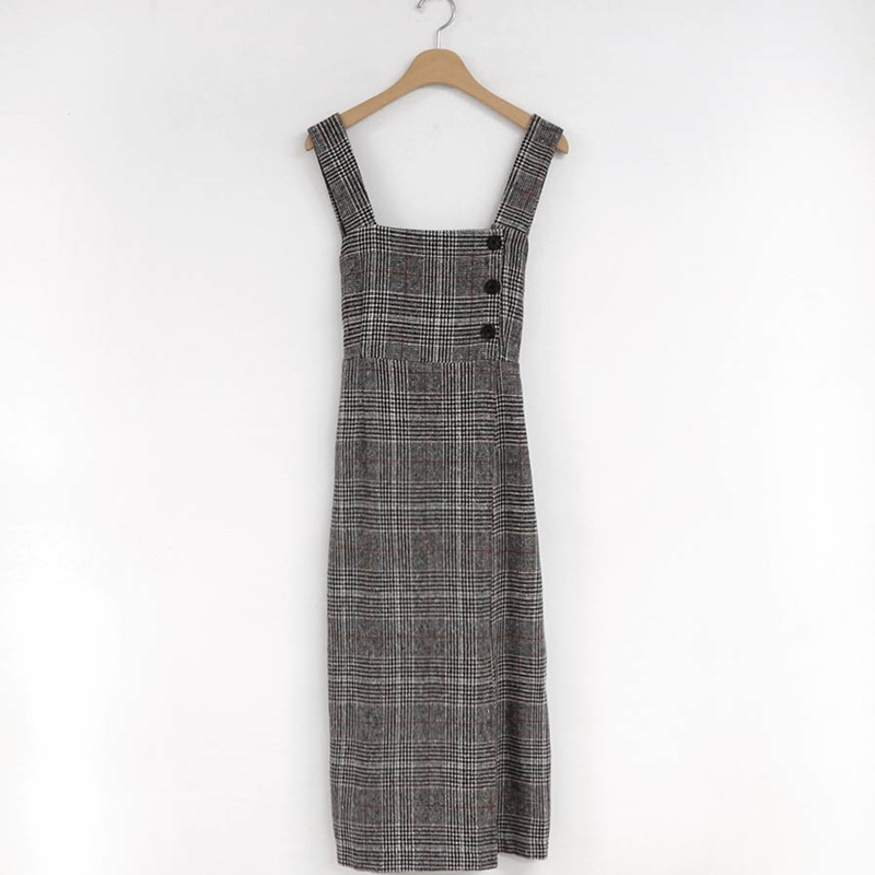 2021 New Spring Autumn Women Dress High Waist Plaid Vest Woolen Sleeveless Vintage Buttons Lace Up Bow Slit Casual Dress DR220 210303