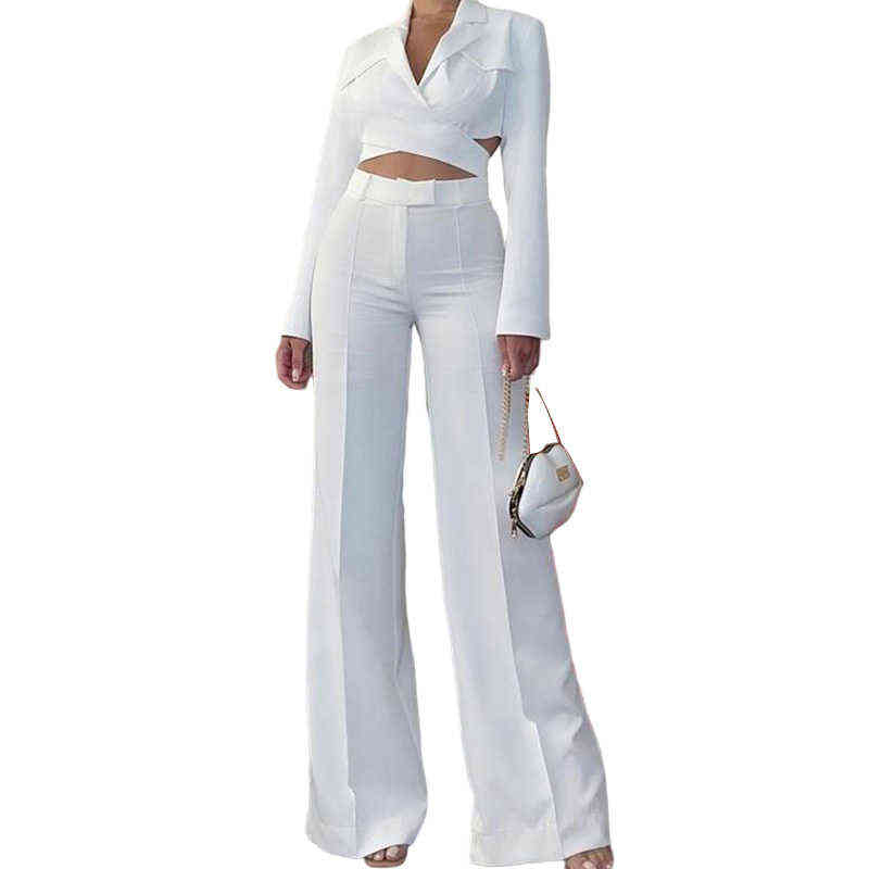 Wefads Women's Two Piece Sets Long Sleeve Solid Color Tie Suit Autum Sexy Streetwear Turn-down Collar Top Wide Leg Pant 211116