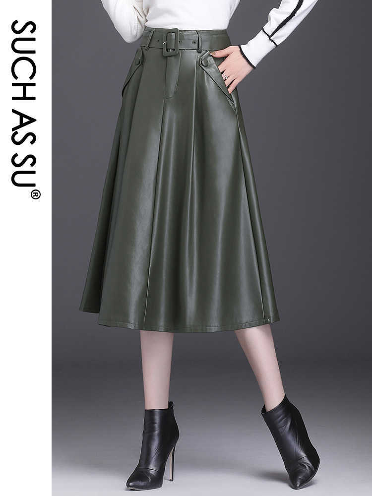 SUCH AS SU 4 Colors Available Autumn Winter Arrival Ladies Skirts Pockets Pleated High Waist Leather Plus Size Women 210621