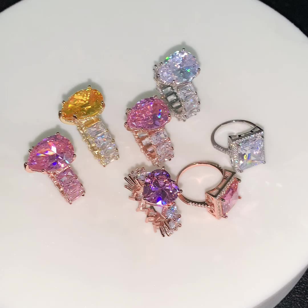 New Big Pear Shape Accent Stone Rings Rose Gold Pricess Cut full CZ Band Wedding Engagment Tear Drop Pink Pinky Ring For Women 2021
