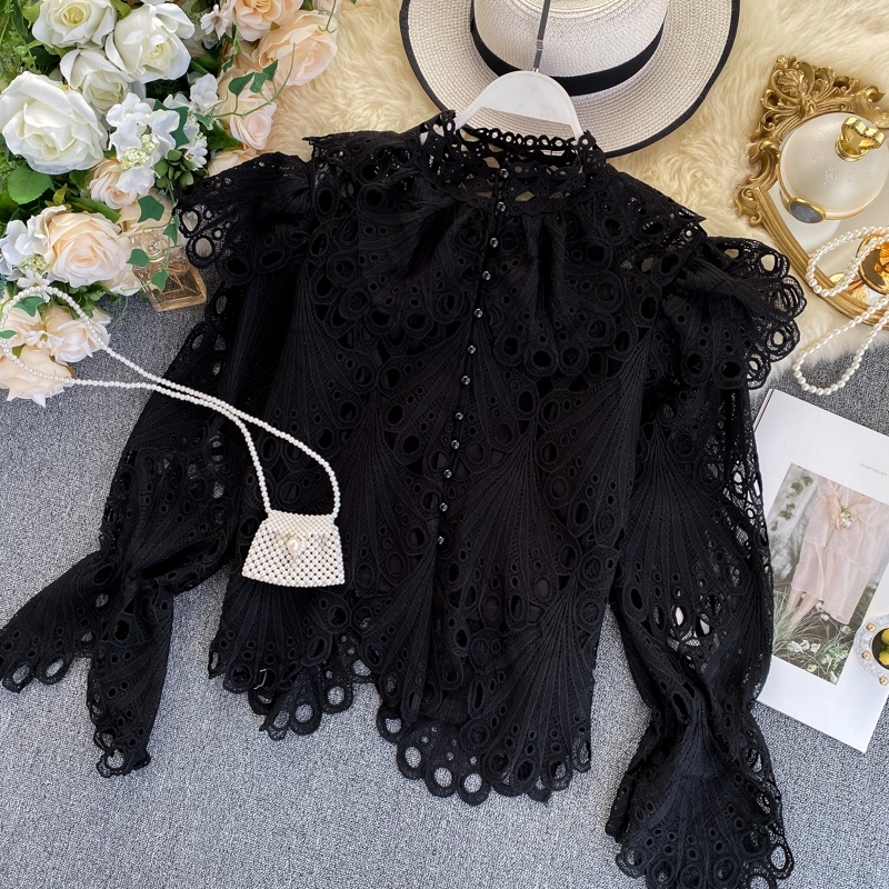 Mozuleva Spring New Sweet Ruffles Hollow Out Polka Dot Lace Shirt Women Long Flare Sleeve Button Fashion Runway Blouse Top T200321
