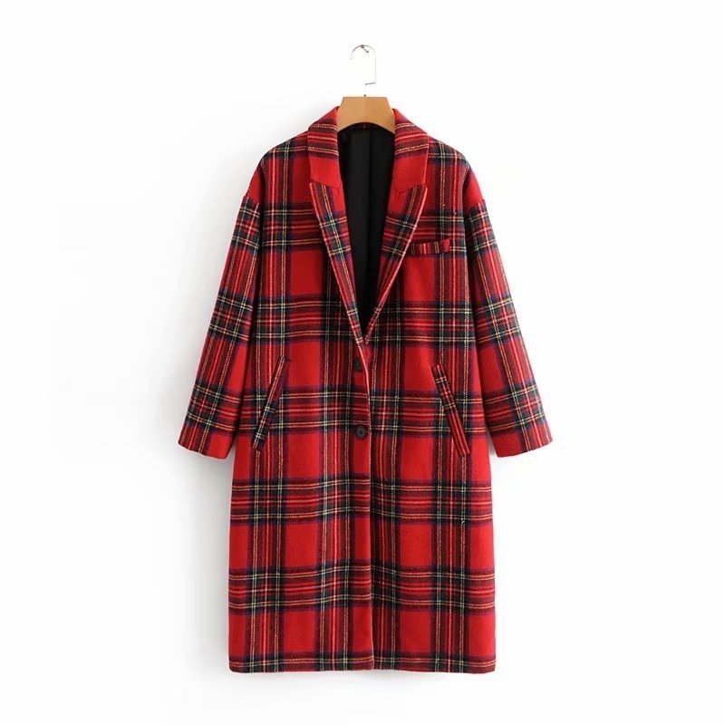 New Arrival Women Red Plaid Blend Wool Coat Casual Single Button Thick Warm With Pocket Elegant Long Fashion Feminine Outwear T190903