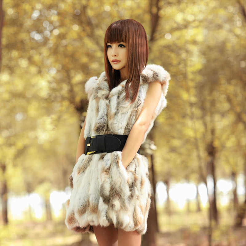 real genuine natural rabbit Fur vest with hood Women's fashion Jacket gilet warm winter custom any size 211012