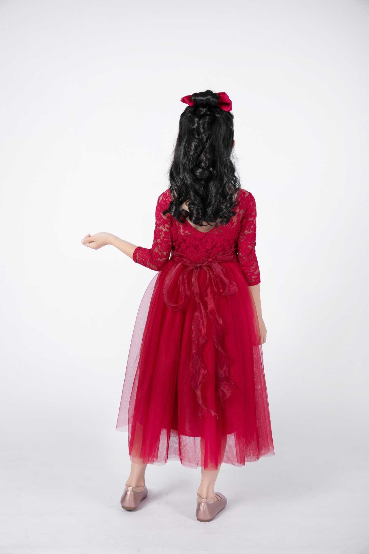 Red Year Lace Dress for Kids Lovely Bows Long Beach Tulle Pricness Children 2 Old Baby Girl Clothes 210529