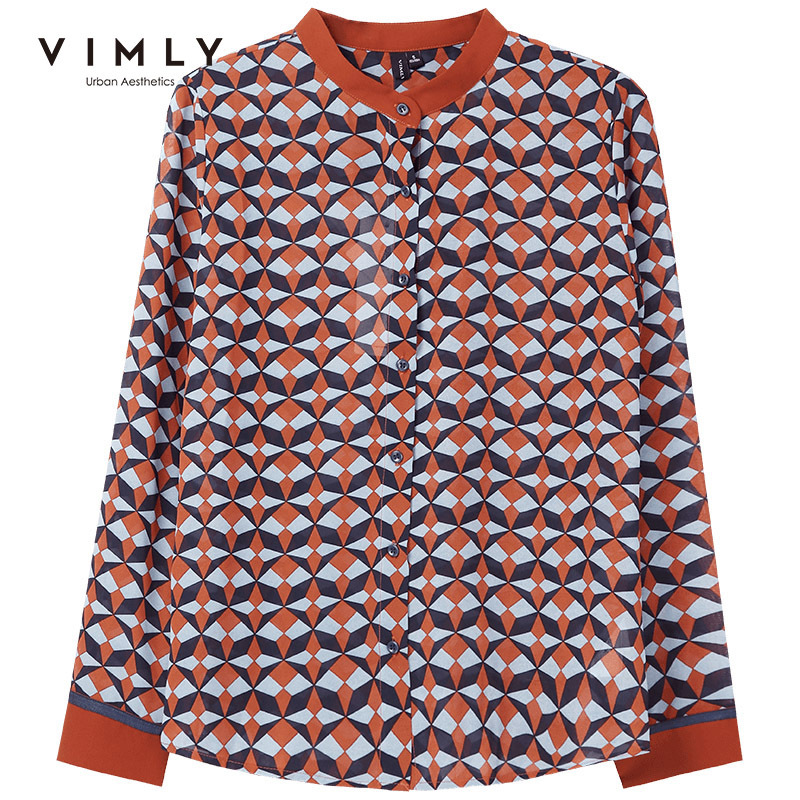 Vimly Women Blouse Spring Autumn Elegant V-neck Single Breasted Rhombus Print Shirt Tops Office Lady Blusas Femininas F1865 210225