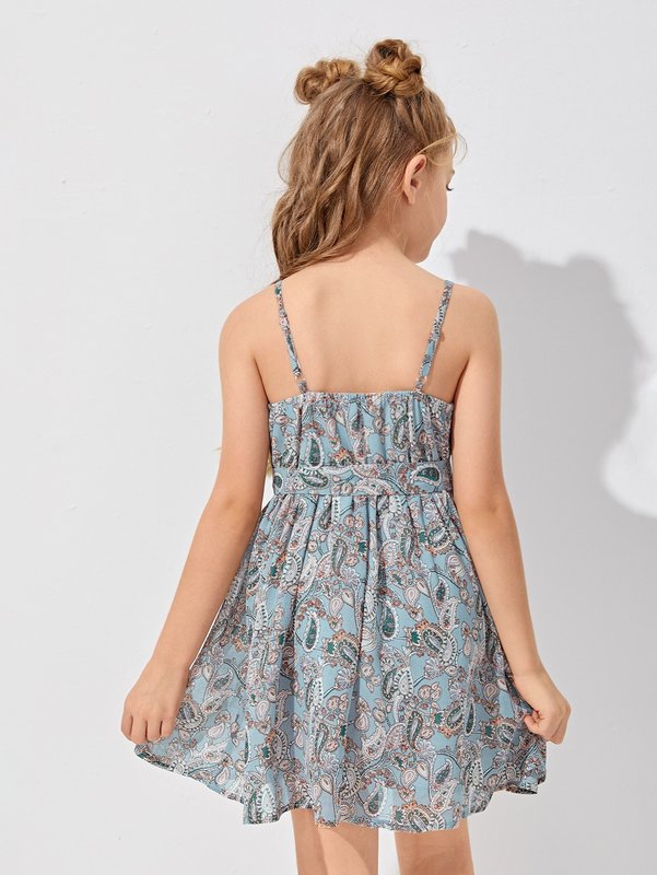 Girls Allover Paisley Print Belted Slip Dress SHE
