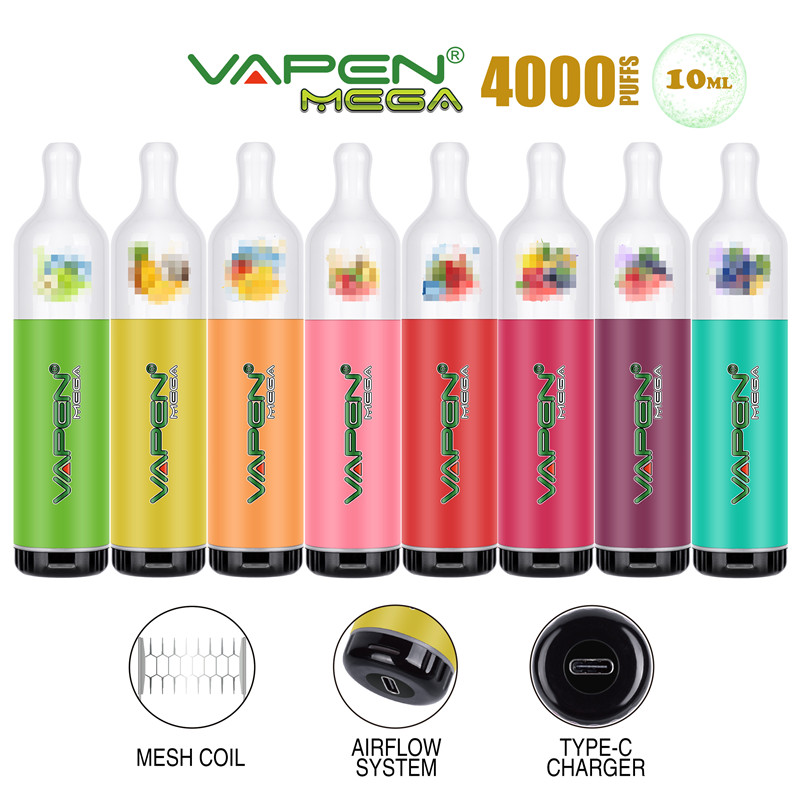 Original VAPEN MEGA 4000Puffs 10ml Pre-filled Disposable e Cigarette Device Vape Pen Mesh Coil Chargeable Airflow Control System eCigs Vapor Kit Portable Vaporizer
Original VAPEN MEGA 4000Puffs 10ml Pre-filled Disposable e Cigarette Device Vape Pen Mesh Coil Chargeable Airflow Control System eCigs Vapor Kit Portable Vaporizer
