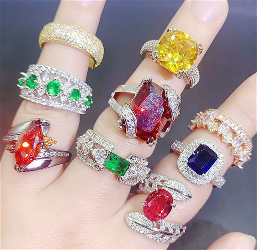 S925 silver Stone Rings Micro Inlaid Semi-Precious Colored Zirconium Ring Real Gold Plated Fashion Vintage Gems Female