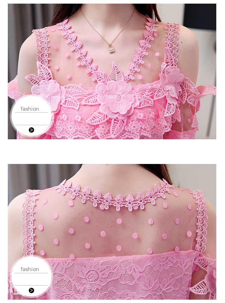 Women's Clothing Summer New Short-Sleeve Lace Pink Women's Tops Flower Hollow Sexy Chiffon Lace Ruffle Blouses Shirts 680A 210225