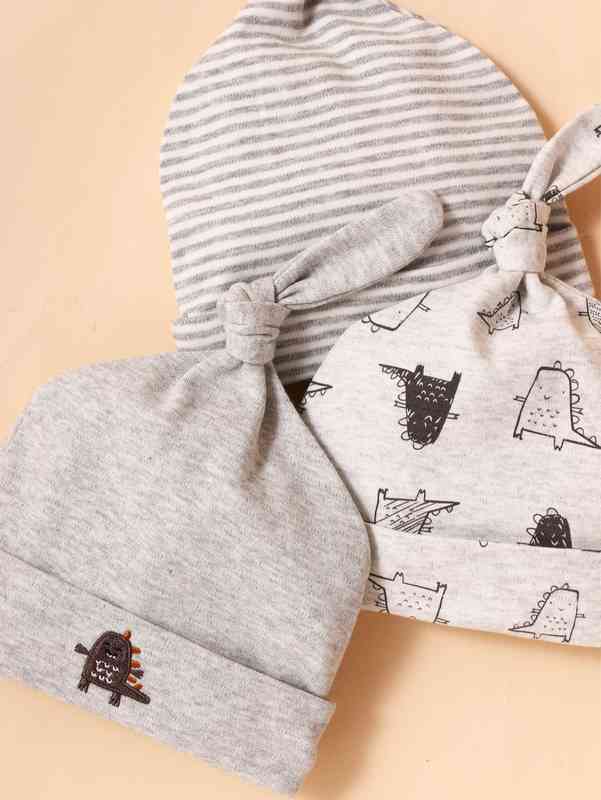 3pcs Baby Striped Print Embroidery Detail Hat SHE