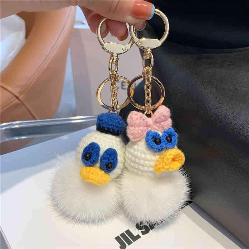 Real Mink Fur Ball Duckling Car Key Chain Pendant Cartoon Plush Fashion Bag Gift