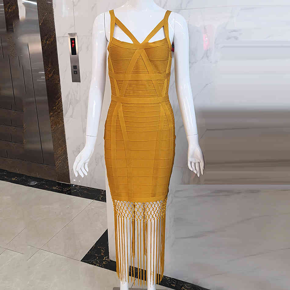 Summer Ladies Fringed Bandage Dress Vestidos Sexy Sleeveless Bodycon Club Midi Celebrity Party 210525