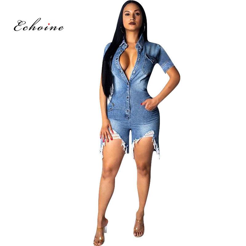 Echoine Denim Jumpsuit Single Button Hole Sexy Playsuit Short Pants Overall Jeans Bodycon Romper Women Clothes Casual Streetwear