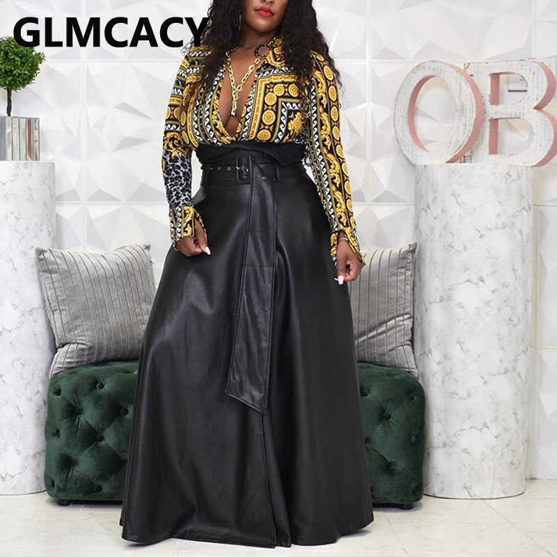 Women High Waist Buckle Belted PU Leather Skirt Elegant Party Maxi Skirts Bottoms 210621