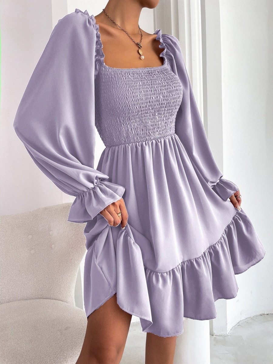 

Square Neck Shirred Bodice Flounce Sleeve Ruffle Hem Dress U9Wu#, Lilac purple