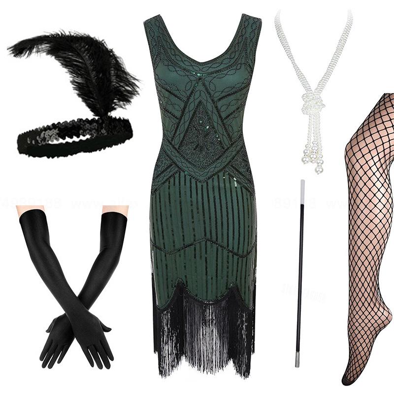 Casual Dresses Plus Size 4XL Women's Flapper 1920s Sequin Beaded Fringed Great Gatsby Dress W/Accessories Set XS-XXXXL