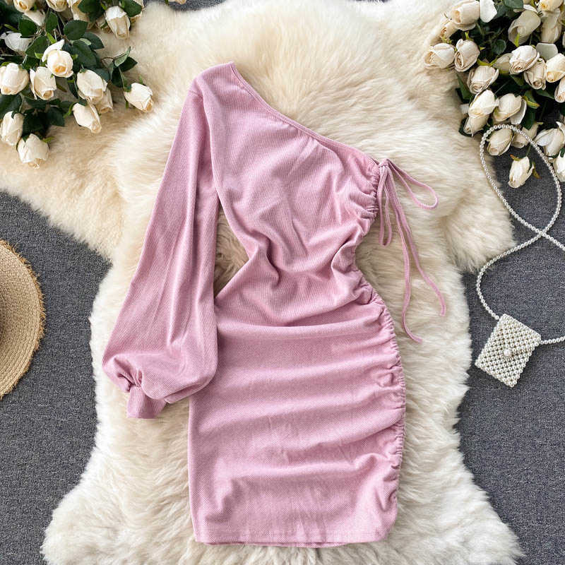 DEAT Women Slim Drawstring Dress Diagonal Collar Long Sleeve Arrivals Lady Sexy Fashion Spring Summer 11D2009 210709