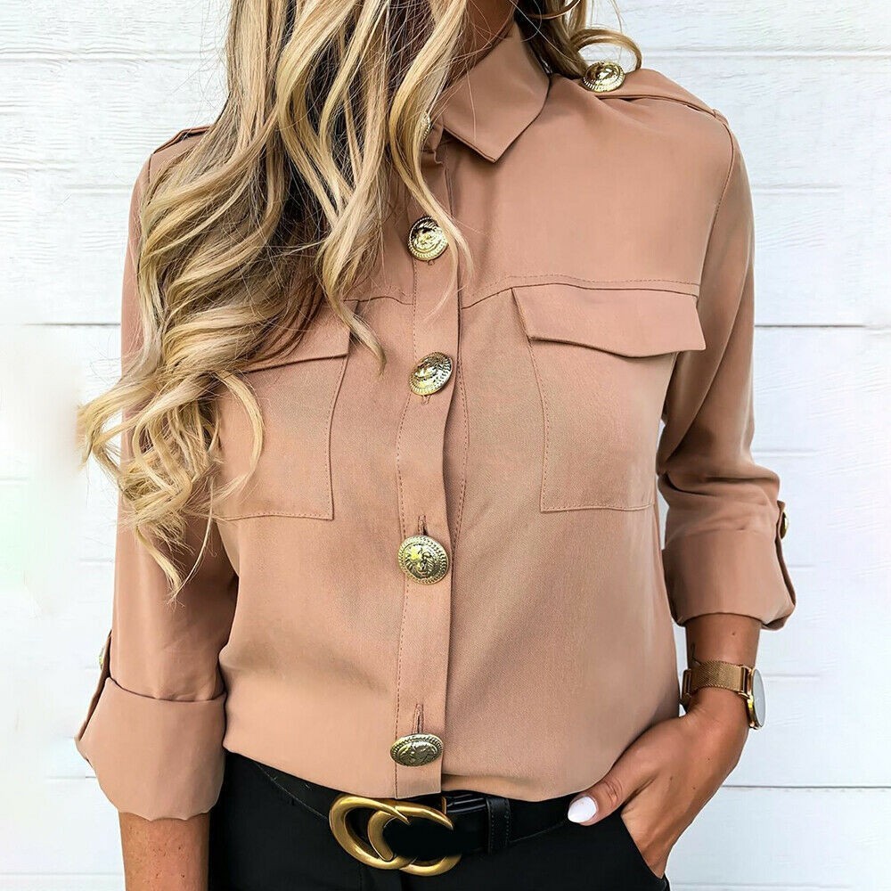 BEFORW Women Autumn Casual Sleeve Blouse Office Lady solid Button Pockets Blouse Shirts Elegant Shirts Plus Size 210308