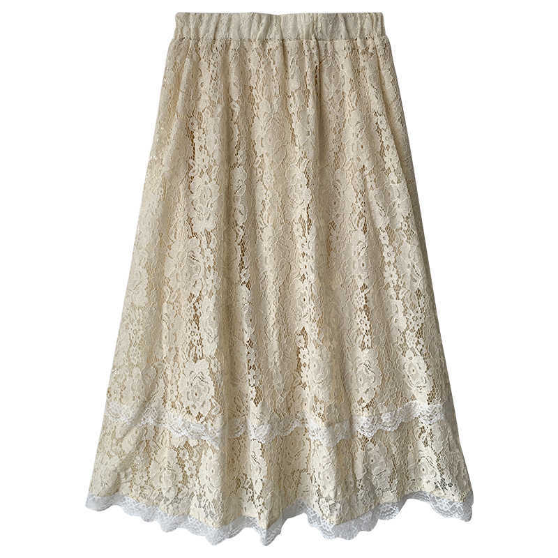 Black White Lace Midi Skirt Women Fashion Spring winter Korean Cute Elegant Office A-line Female Lady 210621
