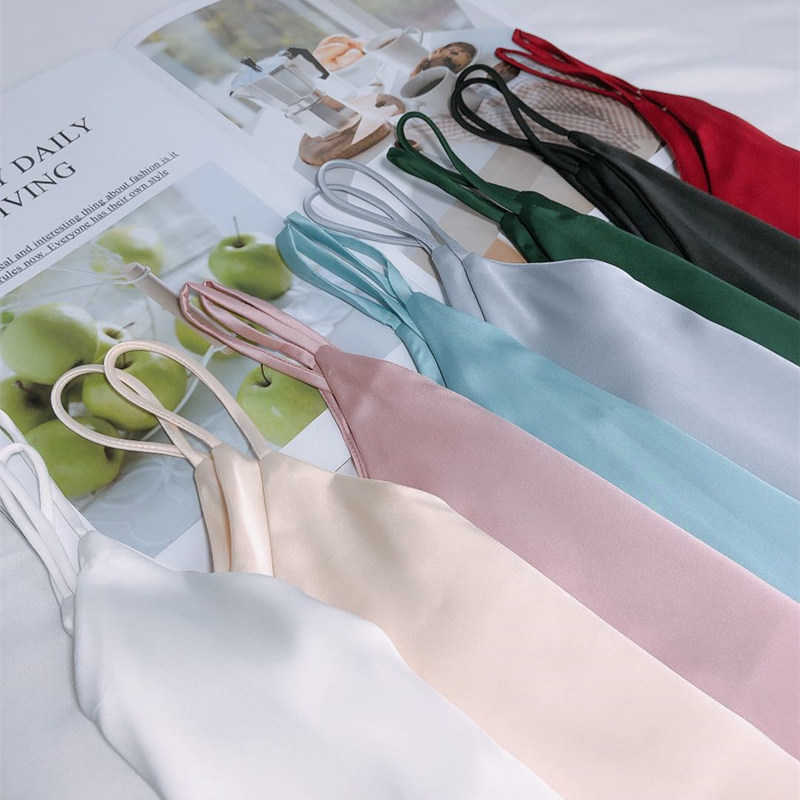 Korean Silk Halter Top Women Silk Camis Women V-neck Satin Tank Tops Elegant Woman Sleeveless White Tops Sexy Top Plus Size XXXL 210625