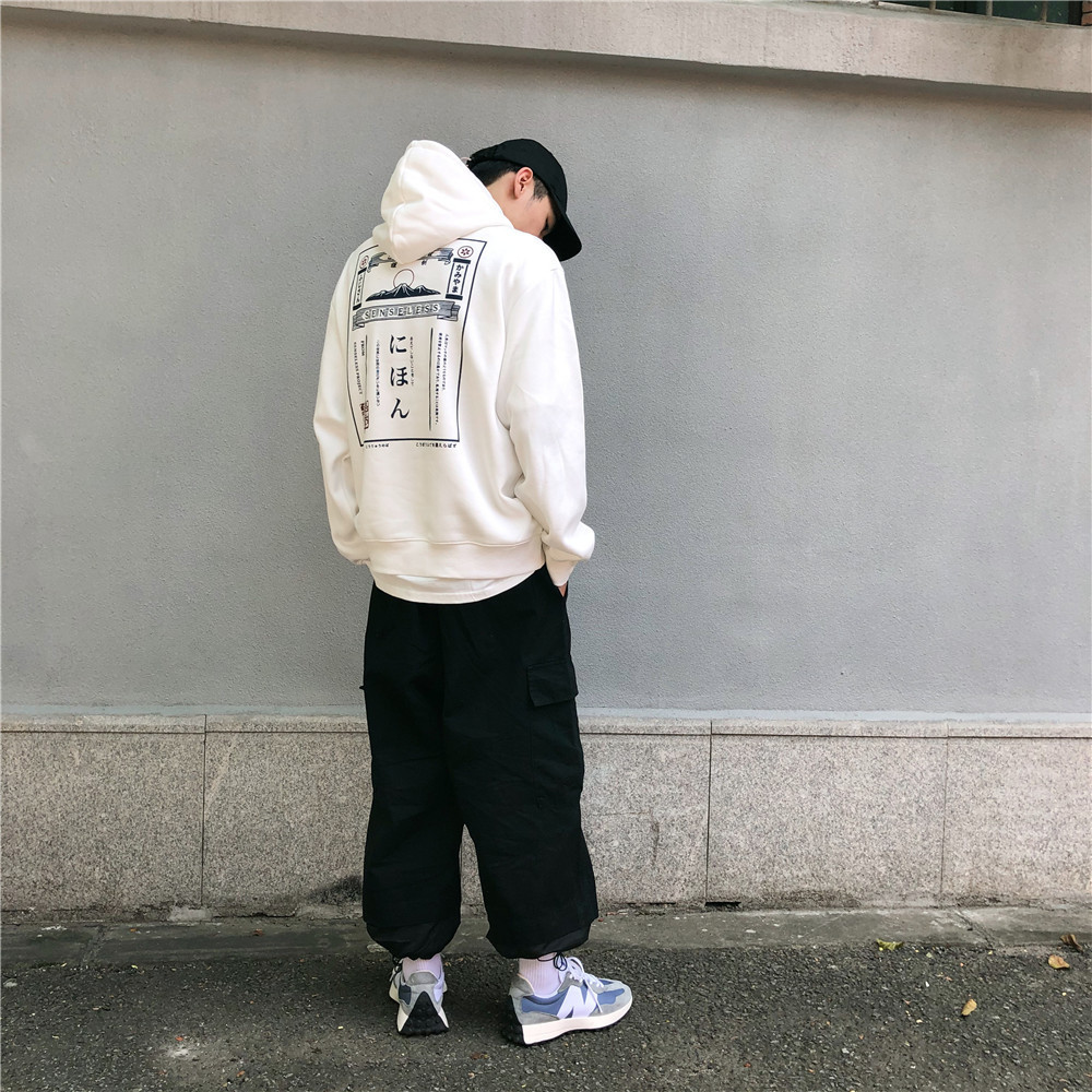 Thicken Hoodies Men Fun Japanese Letter Printed Sweatshirts Men's Casual Hooded Outdoor Streetwear Women Hoodie 201127