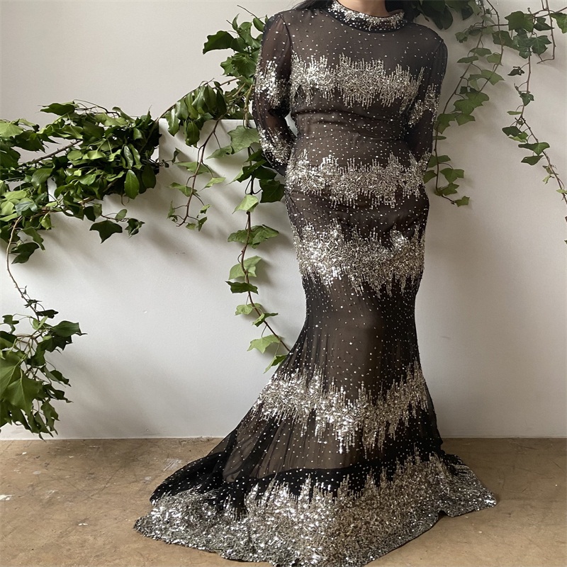 Luxury Sliver Mermaid Prom Dresses Real Image Long Sleeves Evening Dresses Sequins Beads Appliqued Sweep Train Custom Made Pageant Gown